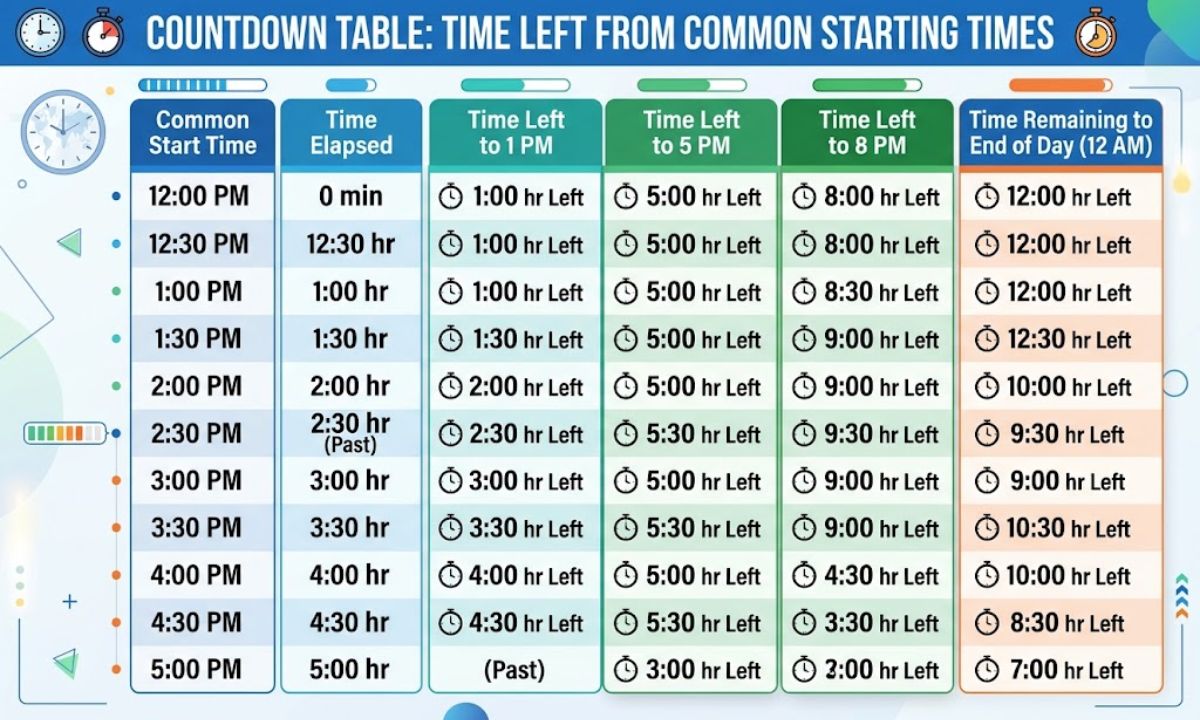 Countdown Table Time Left From Common Starting Times